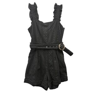 Greylin Sandi Black Eyelet Romper Ruffle Strap Playful Belted Embroidered S